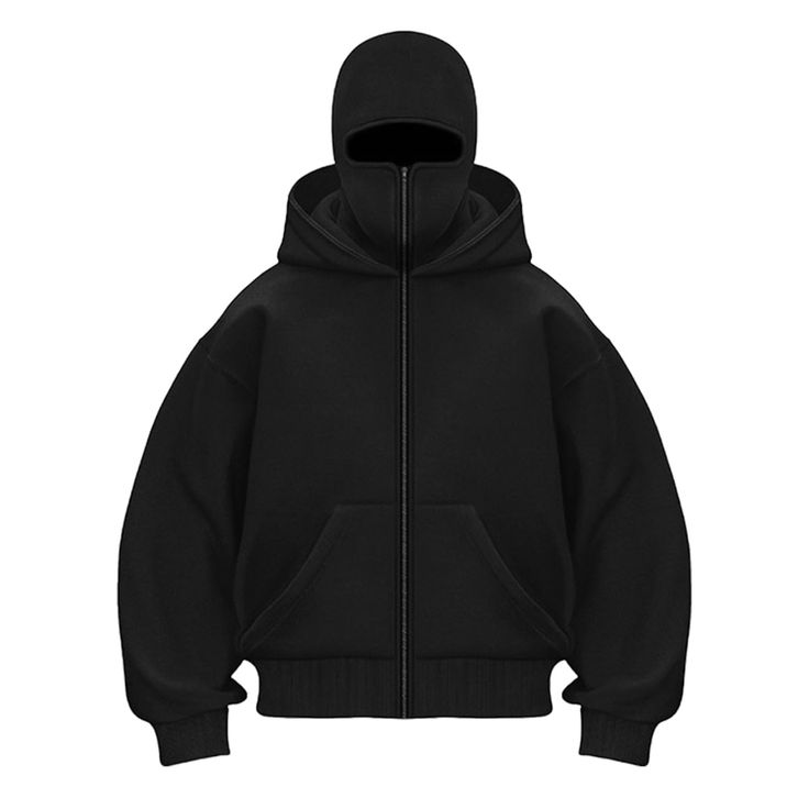 Oversized Black Full-Zip Hoodie – Streetwear Balaclava Style
