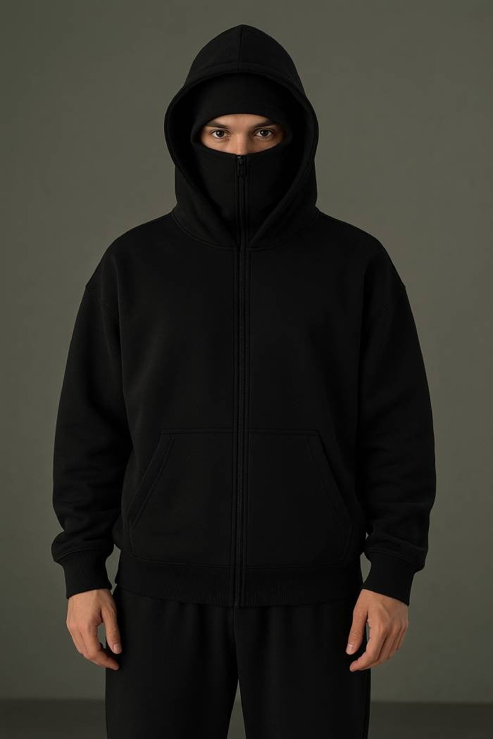 Oversized Black Full-Zip Hoodie – Streetwear Balaclava Style